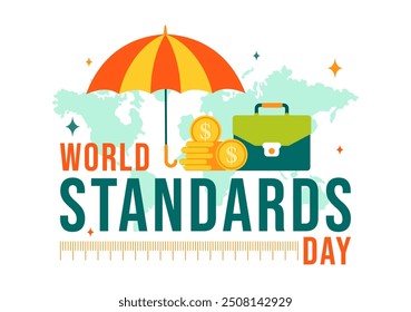 Ilustración vectorial del Día Mundial de los Estándares el 14 de octubre con un globo, un cronómetro, una escala de Regla y un Tablero de calidad en un fondo de dibujos animados de estilo plano