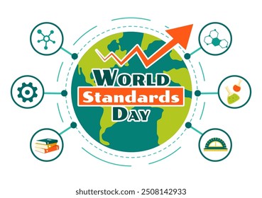 World Standards Day Vector Illustration on October 14 featuring a Globe, Stopwatch, Ruler Scale, and Quality Board in a Flat Style Cartoon Background