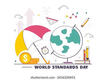 World Standards Day Vector Illustration on October 14 featuring a Globe, Stopwatch, Ruler Scale, and Quality Board in a Flat Style Cartoon Background