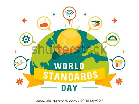 World Standards Day Vector Illustration on October 14 featuring a Globe, Stopwatch, Ruler Scale, and Quality Board in a Flat Style Cartoon Background