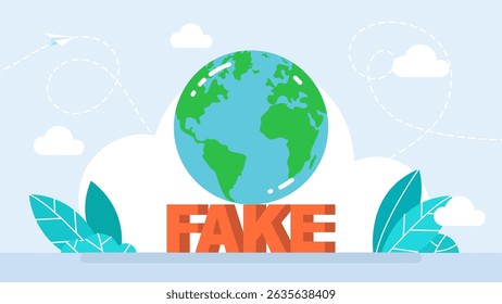 O mundo está sobre mentiras. Terra na inscrição Fake. Fatos e notícias falsas. combatendo a desinformação digital. A disseminação da desinformação on-line. Ilustração vetorial