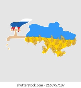 World starvation. Close  a wheat tap, seed fall. Wheat faucet. Russian robbery in Ukraine. Lack of food or food shortage. Stop Hunger, Malnutrition or Starvation vector illustration. 