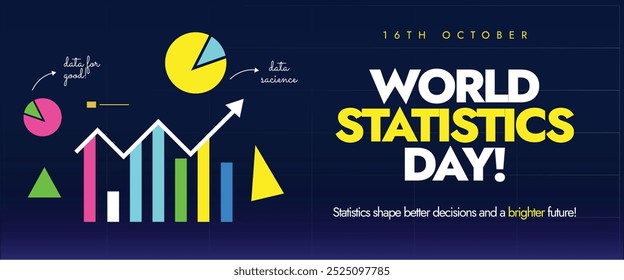 World Statistics Day. 16th October Statistics day celebration cover banner, post with colourful growth statistics showing through bar graphs, charts. The day honors achievements of statisticians.