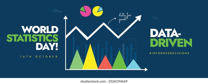 World Statistics Day. 16th October Statistics day celebration cover banner, post with colourful growth statistics showing through triangle graphs, charts. The day honors achievements of statisticians.