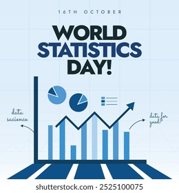 World Statistics Day banner, post. 16th October Statistics day celebration banner with growth states in form of bar graphs, pie charts in blue theme. The day honors achievements of statisticians.