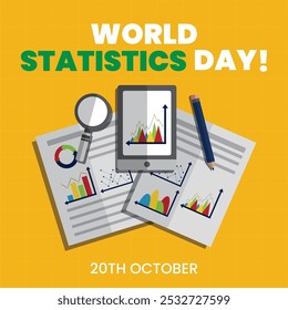 World Statistics Day banner, post. 16th October Statistics day celebration banner with growth states in form of bar graphs, pie charts in blue theme. The day honors achievements of statisticians.