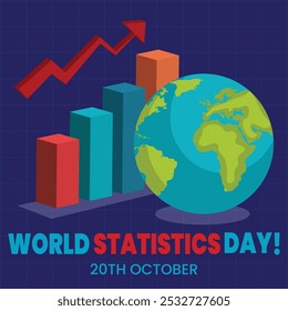 World Statistics Day banner, post. 16th October Statistics day celebration banner with growth states in form of bar graphs, pie charts in blue theme. The day honors achievements of statisticians.