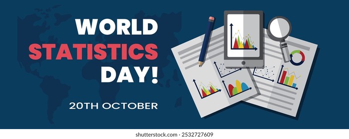 World Statistics Day banner, post. 16th October Statistics day celebration banner with growth states in form of bar graphs, pie charts in blue theme. The day honors achievements of statisticians.