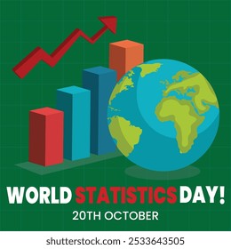 World Statistics Day banner, post. 16th October Statistics day celebration banner with growth states in form of bar graphs, pie charts in blue theme. The day honors achievements of statisticians.