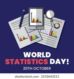 World Statistics Day banner, post. 16th October Statistics day celebration banner with growth states in form of bar graphs, pie charts in blue theme. The day honors achievements of statisticians.