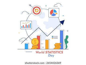 Ilustración vectorial del Día Mundial de la Estadística con cálculo de datos para la planificación socioeconómica y la formulación de políticas en un contexto plano