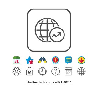 World Statistics line icon. Report chart or Sales growth sign. Data Analysis graph symbol. Calendar, Globe and Chat line signs. Binoculars, Award and Download icons. Editable stroke. Vector