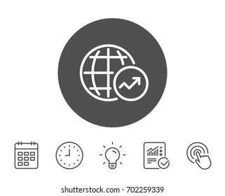 World Statistics line icon. Report chart or Sales growth sign. Data Analysis graph symbol. Report, Clock and Calendar line signs. Light bulb and Click icons. Editable stroke. Vector