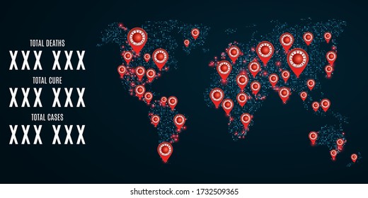 Estadísticas mundiales sobre la infección por el Covid 19 en un mapa mundial futurista. Marcadores con el virus. Antecedentes científicos. Ilustración vectorial. EPS 10