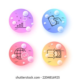 World statistics, Payment methods and Pay money minimal line icons. 3d spheres or balls buttons. Bitcoin graph icons. For web, application, printing. Global report, Credit card, Hold cash. Vector