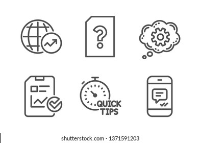 World statistics, Report checklist and Cogwheel icons simple set. Unknown file, Quick tips and Message signs. Global report, Sales growth file. Technology set. Line world statistics icon. Vector