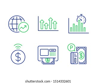 World statistics, Report timer and Upper arrows line icons set. Contactless payment, Atm and Parking payment signs. Global report, Growth chart, Growth infochart. Money withdraw. Finance set. Vector