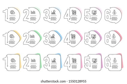 World statistics, Report timer and Upper arrows line icons set. Infographic timeline. Contactless payment, Atm and Parking payment signs. Global report, Growth chart, Growth infochart. Vector