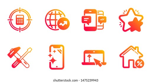 World statistics, Star and Hammer tool line icons set. Calculator target, Smartphone sms and Smartphone clean signs. Swipe up, Loan house symbols. Global report, Customer feedback. Vector