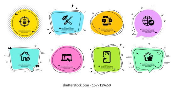 World statistics, Star and Hammer tool line icons set. Chat bubbles with quotes. Calculator target, Smartphone sms and Smartphone clean signs. Swipe up, Loan house symbols. Vector