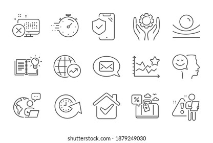 World Statistics, Update Time And Phone Insurance Line Icons Set. Reject Access, Employee Hand And Messenger Signs. Ranking Stars, Good Mood And Elastic Material Symbols. Line Icons Set. Vector