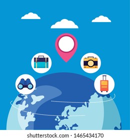 world stickers camera location suitcase calendar vector illustration