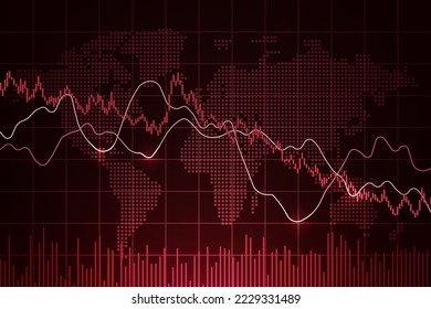 World stock market index fall. Financial crisis. Candlestick chart, line graph and bar chart. Stock market growth illustration. Financial market decrease background. Neon color. Vector illustration svg