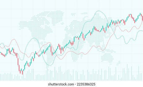 World stock market index graph. Candlestick chart, line graph and bar chart. Stock market growth illustration. Financial market background. Red and green color. Vector illustration