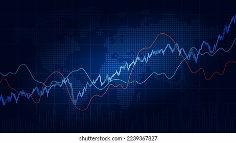 World stock market index graph. Candlestick chart, line graph and bar chart. Stock market growth illustration. Financial market background. Blue color. Vector illustration