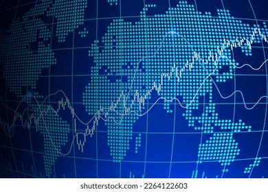 World stock market index graph. Perspective view. Candlestick chart, line graph and bar chart. Stock market growth illustration. Financial market background. Blue color. Vector illustration