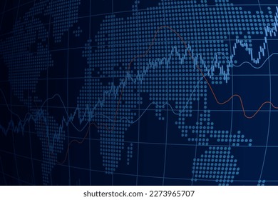 World stock market index graph. Perspective view. Candlestick chart, line graph and bar chart. Stock market growth illustration. Financial market background. Blue color. Vector illustration