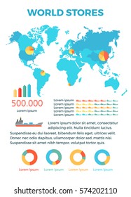 World stores conceptual banner. Colorful circle and column diagrams on world map silhouette with container ships pictogram flat vector on white background. for economic and business concepts