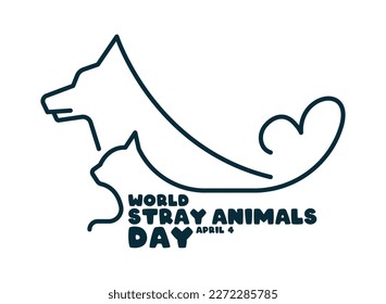 Día Mundial de los Animales Retirados. 4 de abril. Icono de línea de perro y gato en fondo blanco. Cartel, pancarta, tarjeta, fondo. Eps 10.