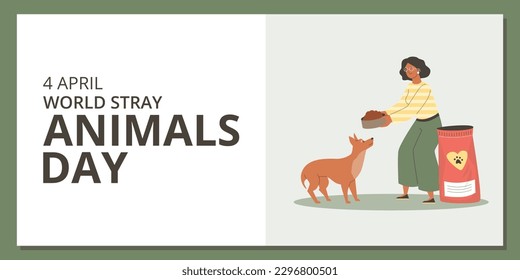World stray animals day horizontal banner, flat vector illustration. Woman feeding abandoned street dog with dog food. Concepts of animal shelters and rescue.