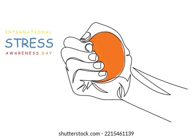 World stress awareness day in november line art poster idea. Continuous line drawing of a hand holding stress reliever ball. Mental health awareness. Mental health matters. Stress management tools