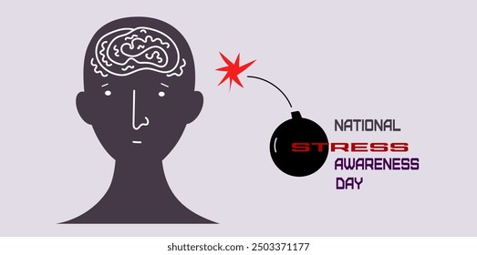 World Stress Awareness month banner. Vector doodle hand drawn illustration of National Stress Awareness Day. Silhouette of stress person illustration