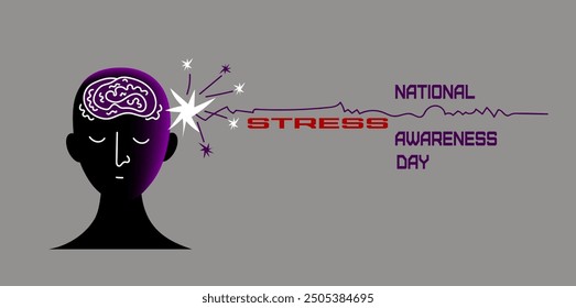 World Stress Awareness month banner. Vector doodle hand drawn illustration of National Stress Awareness Day. Silhouette of stress person illustration