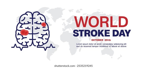 World Stroke Day, Line Art Gehirn Illustration mit Krankheiten Flecken und Weltkarte Hintergrund. Geeignet für Poster und Banner