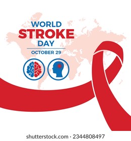World Stroke Day Poster, Vektorgrafik. Rotes Sensibilisierungsband, menschliches Gehirn und Kopf Silhouette Symbol Vektorgrafik. 29. Oktober jedes Jahres. Wichtiger Tag