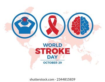 World Stroke Day poster vector illustration. Red awareness ribbon, human brain and head silhouette round icon set vector. October 29 every year. Important day