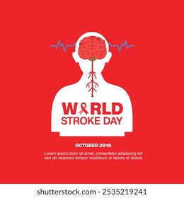 World Stroke Day, silhouette illustration of a person with a front view of a brain on a red background. Suitable for posters and banners