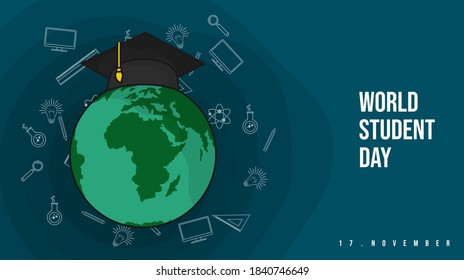 World Student Day Vector Illustration With Globe Using Graduation Hat Design. Good Background Template For Education Or Back To School Design.