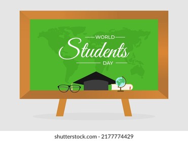 World Student International Day Background With Graduation Hat, Glasses, Globe And Book In Front Of Green Whiteboard.