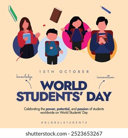 World Students day. 15th October Student's day celebration banner with students of different age, genders wearing backpack, books. The day honour the birthday of Dr. Abdul Kalam who support education.