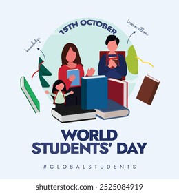 Día Mundial del Estudiante. 15 de octubre Anuncio de celebración del Día del Estudiante con estudiantes de diferentes edades, con mochila, libros. El día honra el cumpleaños del Dr. Abdul Kalam, que Asistencia la educación.