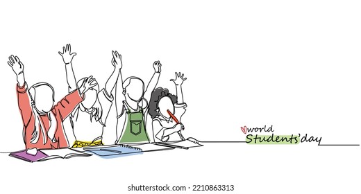 world students day line art vector graphic. Kindergarten students. Junior students. Little excited students. Learning together. Nursery class. Prep class. Primary class. Joy. Happy kids line art