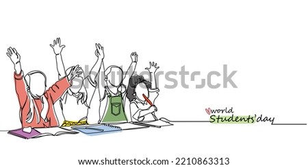 world students day line art vector graphic. Kindergarten students. Junior students. Little excited students. Learning together. Nursery class. Prep class. Primary class. Joy. Happy kids line art