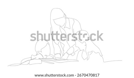 World students day line art vector graphic. Teacher and children drawn in line art style. Joy. Happy kids line art.  Hand made vector not Al.