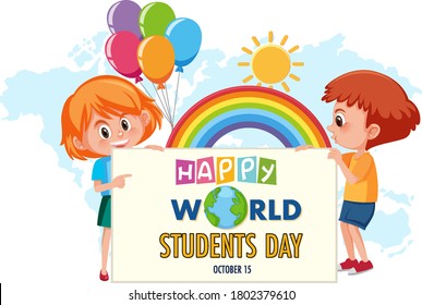World Students Day logo or banner with two kids and rainbow illustration