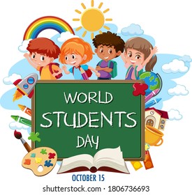 World Students Day logo or banner with group of childrens and student items illustration